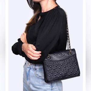 Tory Burch Quilted Leather Shoulder Bag Black Double Chain Strap Flap Handbag